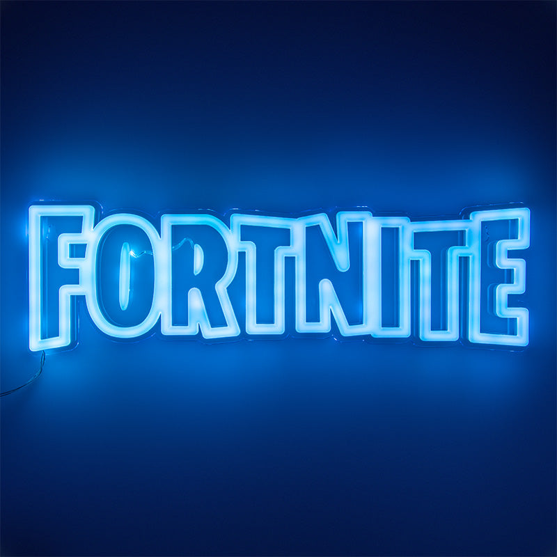 Neon sign with 'Fortnite' text on a blue background