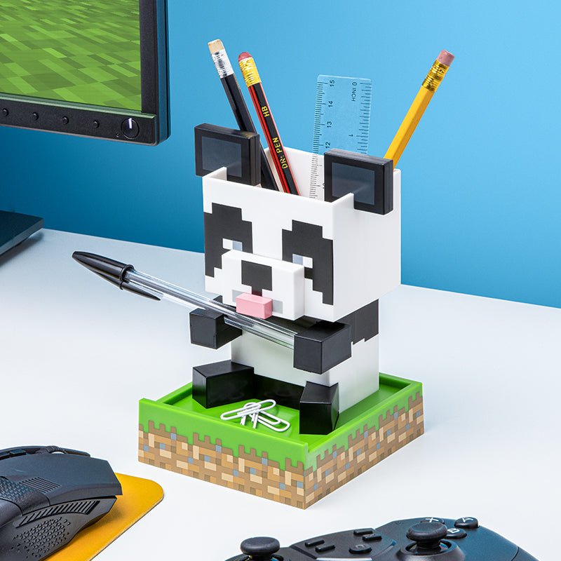 Minecraft Panda-shaped pencil holder with stationery items on a desk