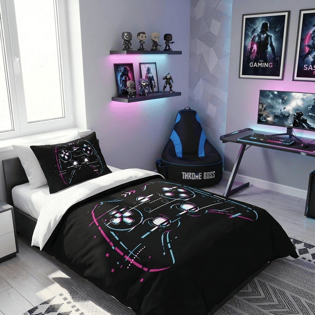 Gaming Quilt Cover Set - Black Glitch Controller - Throne Boss Australia