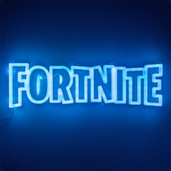 Neon sign with 'Fortnite' text on a blue background